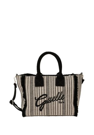 Borsa a righe nera e beige con manici corti, tracolla removibile e "Gaelle Paris" ricamato davanti.