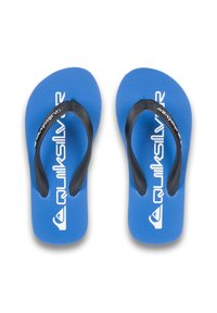 Blå flip-flops med en tekstureret overflade, sorte gummistropper og hvid logo-detaljering, designet til afslappet, varmt vejr.