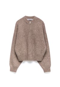 Lichtbruine cardigan met rits aan de voorkant, gemaakt van een zachte, gestructureerde stof met een ronde halslijn en oversized mouwen. Bevat ribbelboorden bij de mouwen en onderkant.