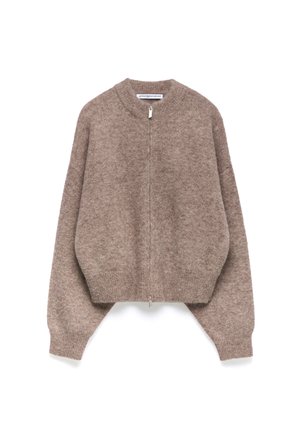 Hellbrauner Reißverschluss-Cardigan aus weichem, strukturiertem Material mit Rundhalsausschnitt und übergroßen Ärmeln. Mit gerippten Bündchen und Saum.