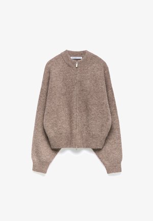 Hellbrauner Reißverschluss-Cardigan aus weichem, strukturiertem Material mit Rundhalsausschnitt und übergroßen Ärmeln. Mit gerippten Bündchen und Saum.