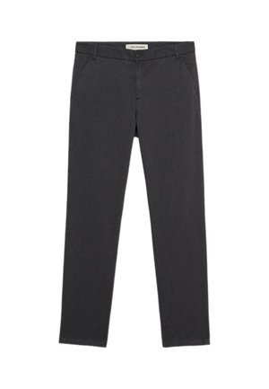 Pantalones gris oscuro con un corte ajustado, hechos de una tela transpirable. Cuentan con un cierre frontal de botón y un diseño de bolsillo tradicional.