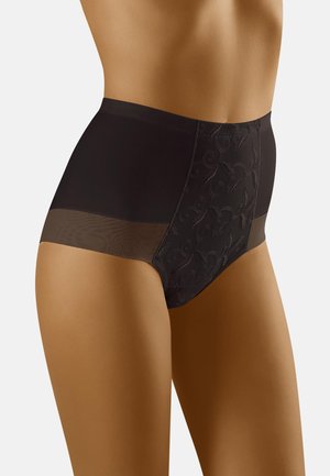 Hoge taille zwarte slipjes met een geborduurd bloemenpatroon op de voorkant, met gladde zijkanten en een transparante mesh inzet bij de beenopeningen.