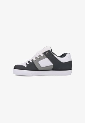 Sneakers featuring a mix of gray and white synthetic materials, round toe, flat white rubber sole, and prominent side accents. Laced front closure.