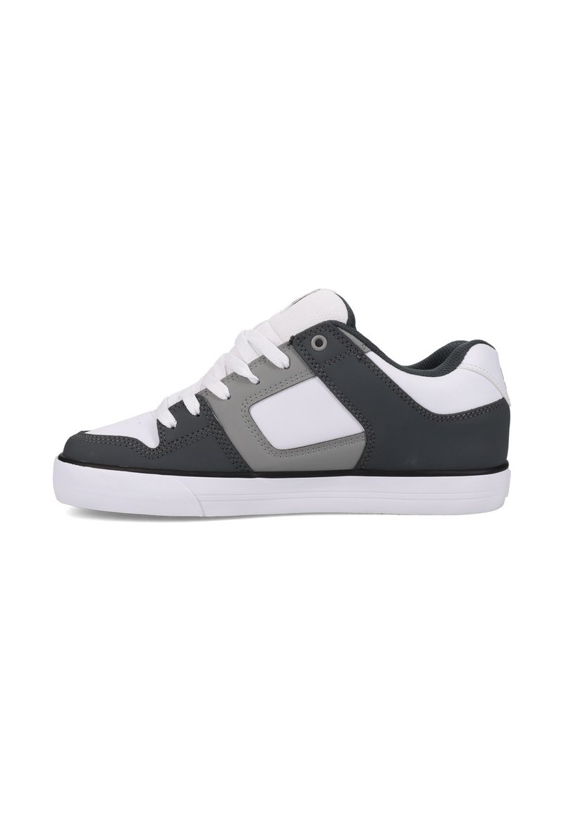 Sneakers featuring a mix of gray and white synthetic materials, round toe, flat white rubber sole, and prominent side accents. Laced front closure.