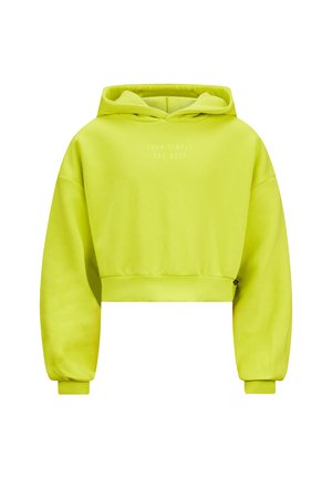 Gekürzter Hoodie in leuchtendem Limettengrün mit weicher Textur, vordere Kängurutasche und dem Text "DU BIST EINFACH DER BESTE" in Weiß.