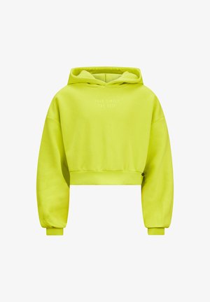 Geknipte hoodie in fel limoen groen, met een zachte textuur, een voorste kangaroo zak en de tekst "JE BENT SIMPELWEG DE BESTE" in het wit.