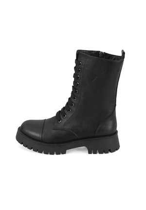 Black leather combat boot featuring a round toe, lace-up front, side zipper, and chunky rubber sole with pronounced tread.