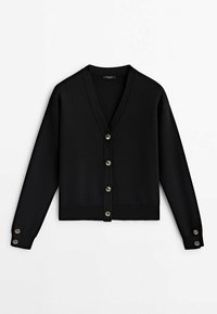 Czarny sweter z dzianiny z dekoltem w serek, długimi rękawami i sześcioma zapięciami na guziki. Posiada żebrowane wykończenie u dołu i na mankietach oraz gładką teksturę.