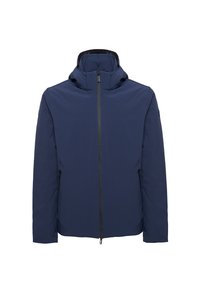 Veste imperméable bleu marine avec un col haut, fermeture éclair avant complète et deux poches latérales. Texture lisse et design minimaliste.