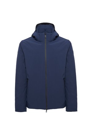 Giacca impermeabile blu navy con colletto alto, zip frontale completa e due tasche laterali. Texture liscia e design minimalista.