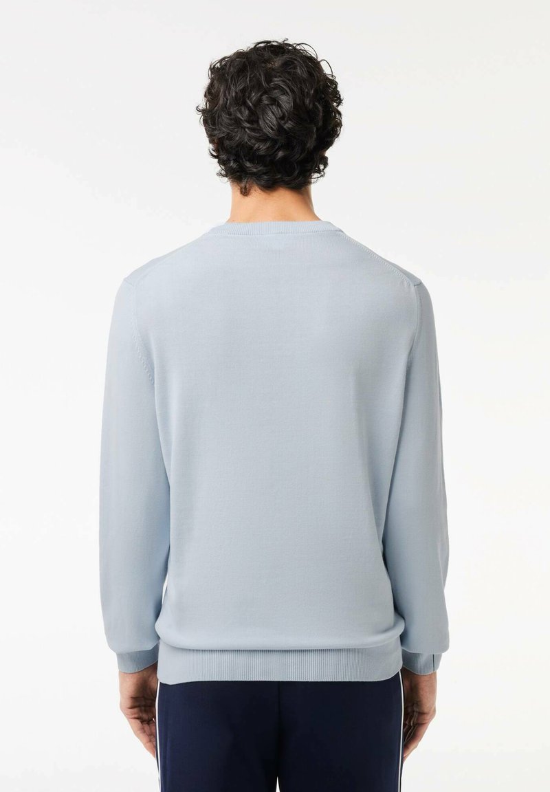 Maglione a maglia azzurro chiaro con maniche lunghe, polsini e fondo a costine, e scollatura rotonda. Texture liscia, design semplice senza motivi.