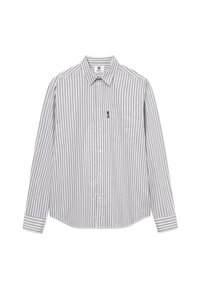 Gray and white striped long-sleeve button-up shirt with a collar, single chest pocket, and rounded hem. Made of lightweight fabric.