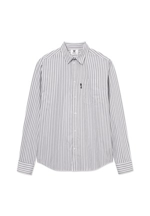 Gray and white striped long-sleeve button-up shirt with a collar, single chest pocket, and rounded hem. Made of lightweight fabric.