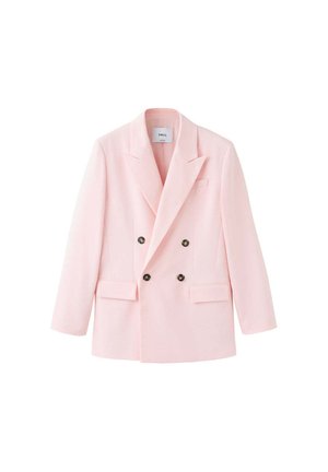 Blazer cruzado de color rosa claro con solapas con muesca, cuatro botones oscuros, dos bolsillos delanteros con solapa y un bolsillo en el pecho.
