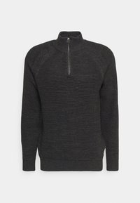 Dunkelgrauer gestrickter Pullover mit einem strukturierten Muster, langen Ärmeln, gerippten Bund- und Ärmelenden sowie einem Halskragen mit Halbreißverschluss.