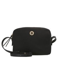 Borsa a tracolla nera realizzata in materiale resistente, dotata di chiusura zip, accentuata da un logo dorato e una tracolla regolabile. Forma rettangolare con texture liscia.