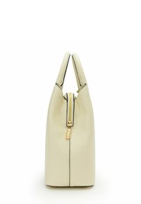 Cream leather handbag with a structured shape, gold zipper, and contrasting black trim. Features dual handles at the top.