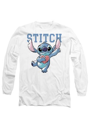 Long-sleeve white T-shirt featuring a colorful cartoon character, Stitch, holding a heart, with "STITCH" printed in blue above.