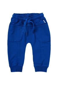 Blauwe peuter sweatpants met elastische tailleband, trekkoord, twee voorzakken en geribbelde cuffs op een witte achtergrond.