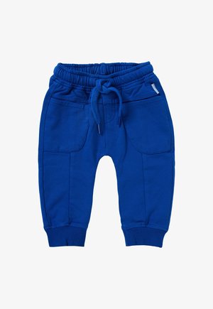 Pantalons de survêtement bleus pour tout-petits avec taille élastique, cordon de serrage, deux poches avant et bords côtelés sur fond blanc.