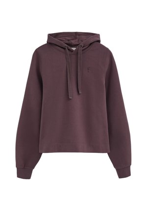 Donkerpaarse pullover hoodie met lange mouwen, voorste trekkoorden, geribde manchetten en een klein geborduurd logo op de linkerborst.
