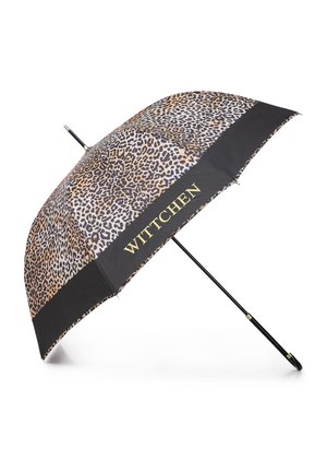 Parapluie imprimé léopard avec une bordure noire, arborant le nom de la marque "WITTCHEN" en doré. Poignée noire solide et accents métalliques.