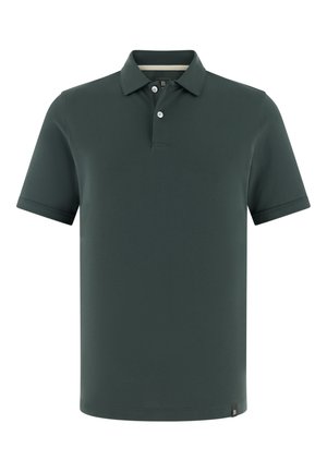 Donkergroene polo met korte mouwen, twee witte knopen en een klein logolabel aan de onderzoom.