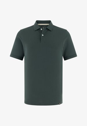 Tummanvihreä lyhythihainen poolopaita, jossa kaksi valkoista nappia ja pieni logotunniste alareunassa.