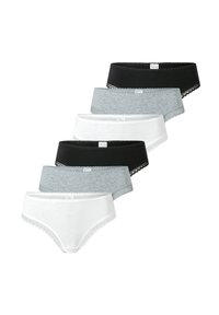 Set van zes onderbroeken in zwart, grijs en wit. Kenmerkt zich door zacht materiaal met kantafwerking. Klassiek slips ontwerp, elk in een andere kleur.