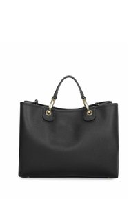 Borsa tote in pelle nera con finitura texture, hardware dorato e doppio manico superiore. Design spazioso con base piatta per stabilità.