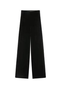Pantalons en velours noir à jambes larges avec taille haute et texture lisse, présentant un design sans couture et sans quincaillerie ni motifs visibles.