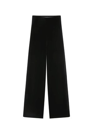 Pantalones de terciopelo negro de pierna ancha con una cintura alta y una textura suave, que presentan un diseño sin costuras y sin hardware ni patrones visibles.