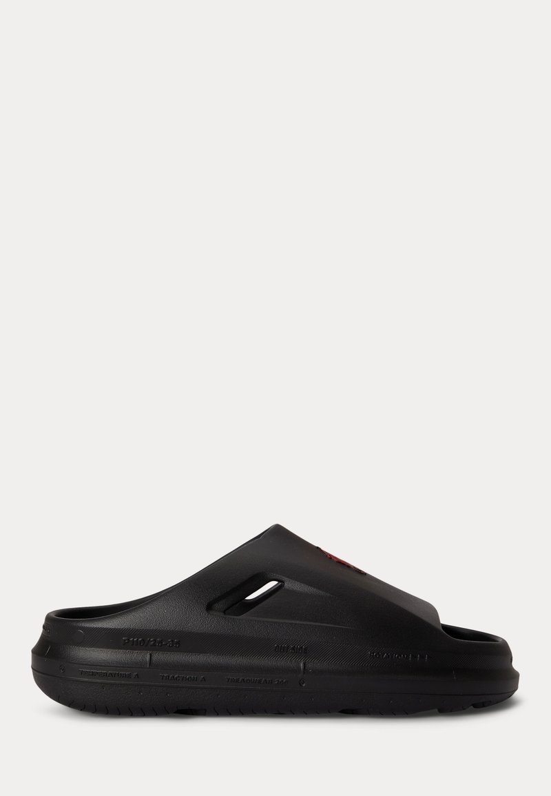 Black slip-on clog with ventilation holes and textured sole, designed for casual indoor or outdoor wear.