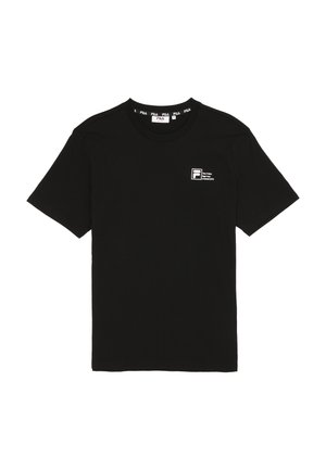 T-shirt FILA noir à manches courtes avec petit logo blanc et texte sur la poitrine gauche, et marquage FILA à l'intérieur du col.