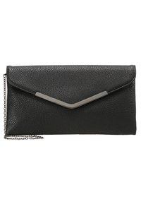 Černá kožená psaníčko s texturovaným povrchem, designem ve stylu obálky a kovovým zdobením vpředu. Součástí je řetízkový popruh.