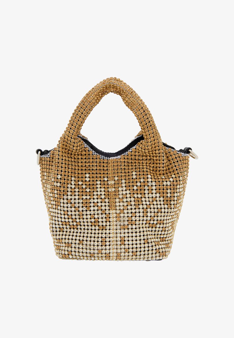 Pärlhandväska med rundad topp, med en gradient av guld- och krämfärger, texturerad yta och dubbla handtag.