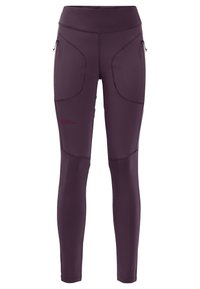 Lila träningsleggings tillverkade av elastiskt material, med dragkedjefickor, platta sömmar och en bred midja för komfort och stöd.