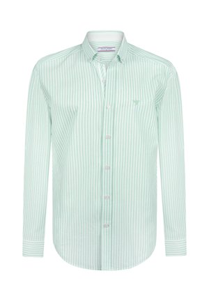 zielono-biały, w paski, długi rękaw koszula z kołnierzykiem typu button-down, wykonana z miękkiego materiału, z małym logo na piersi i zaokrąglonym dołem.