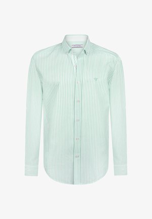 zielono-biały, w paski, długi rękaw koszula z kołnierzykiem typu button-down, wykonana z miękkiego materiału, z małym logo na piersi i zaokrąglonym dołem.