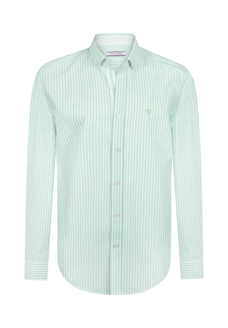 Groen en wit gestreepte lange mouwen shirt, met een knoopsluiting kraag, zacht materiaal, met een klein logo op de borst en een ronde zoom.