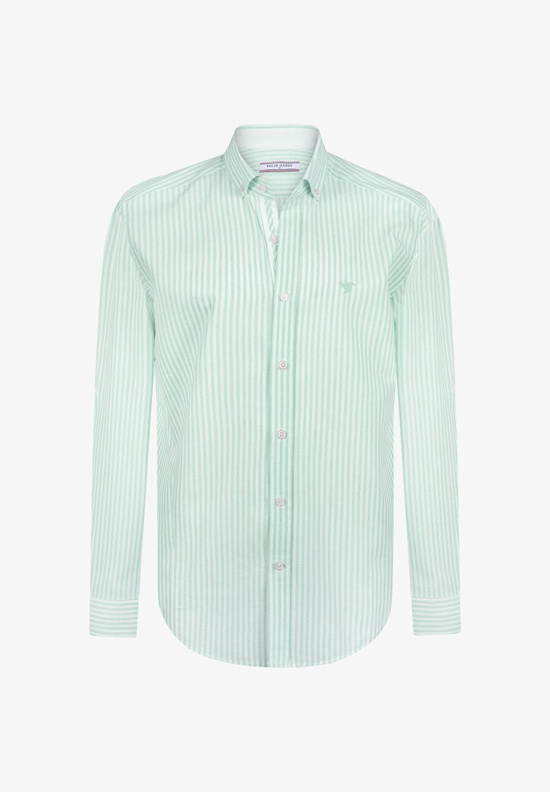 Groen en wit gestreepte lange mouwen shirt, met een knoopsluiting kraag, zacht materiaal, met een klein logo op de borst en een ronde zoom.