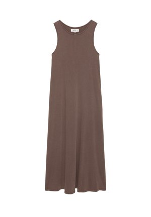 Brązowa sukienka bez rękawów, długości do kostek, z okrągłym dekoltem i prostą sylwetką, przedstawiona płasko na białym tle.