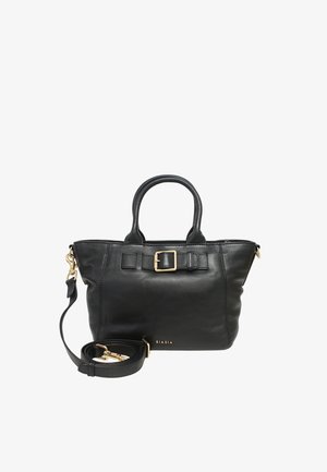 Sac à main en cuir noir avec deux poignées courtes, une bandoulière amovible et un détail de boucle dorée à l'avant. Nom de la marque "BIASIA" embossé.