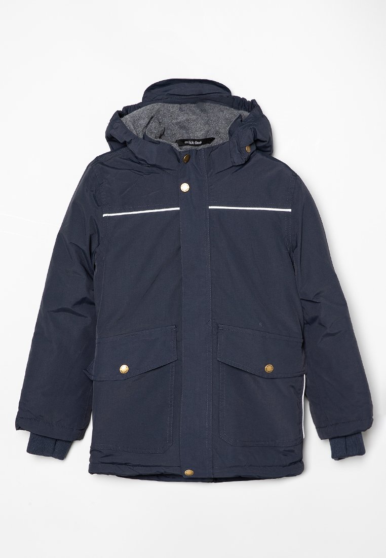Parka blu navy con chiusura a zip e bottoni, due tasche anteriori, foderato grigio e dettagli riflettenti bianchi sul petto.