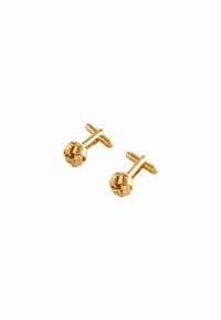 Goldfarbene Manschettenknöpfe mit Knotendesign, mit einer polierten Oberfläche, runder Form und Kreuzverschluss. Strukturiertes Detail auf der Oberfläche.