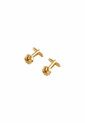 Goldfarbene Manschettenknöpfe mit Knotendesign, mit einer polierten Oberfläche, runder Form und Kreuzverschluss. Strukturiertes Detail auf der Oberfläche.