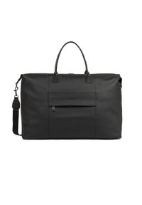 Borsa a tracolla nera realizzata in nylon liscio, dotata di due manici superiori, una tracolla regolabile e una tasca frontale con zip.