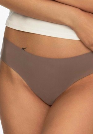 Brown seamless bikini underwear with a smooth texture and minimal coverage, featuring a wide waistband and no visible seams.