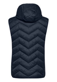 Gilet rembourré marine avec un motif en chevrons, doté d'une capuche amovible et sans manches. Texture lisse et design pratique.